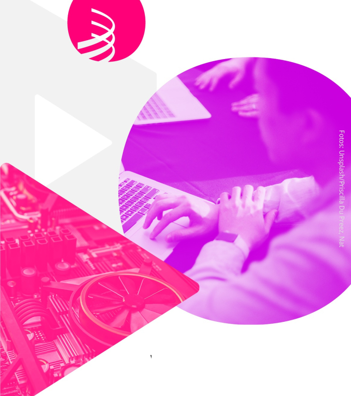 Persona sentada frente a una computadora, dentro de un círculo violeta; hay un triángulo rojo