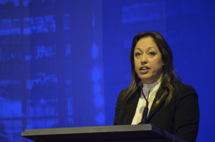Ministra Fernanda Cardona habla desde un atril