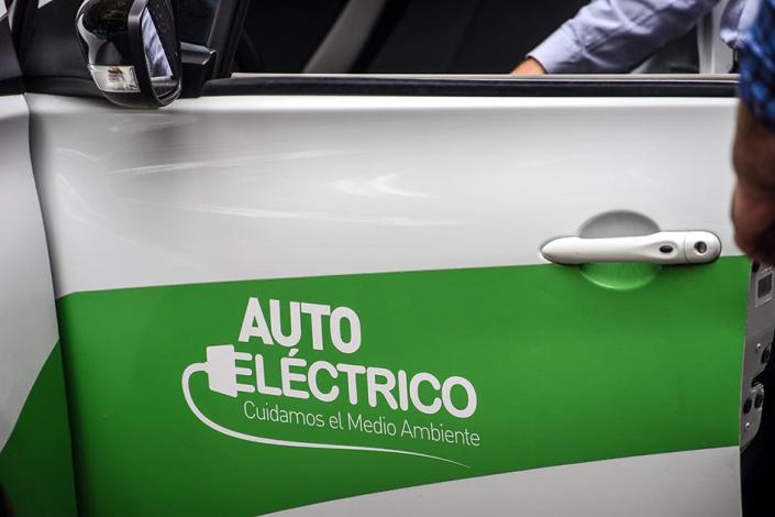 Puerta de un auto eléctrico, en colores blanco y verde