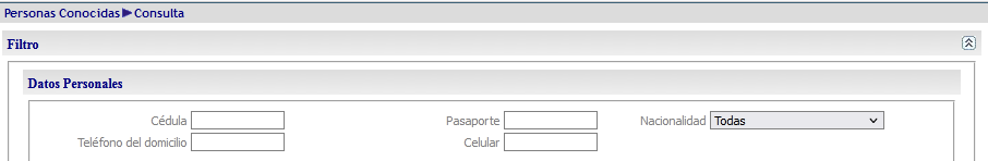 Filtros para consultar por personas: Cédula, Teléfono del domicilio, pasaporte, celular y nacionalidad.