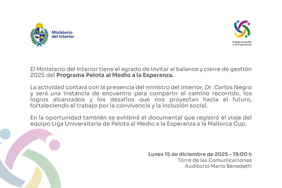 Invitación Pelota al Medio con texto antes mencionado