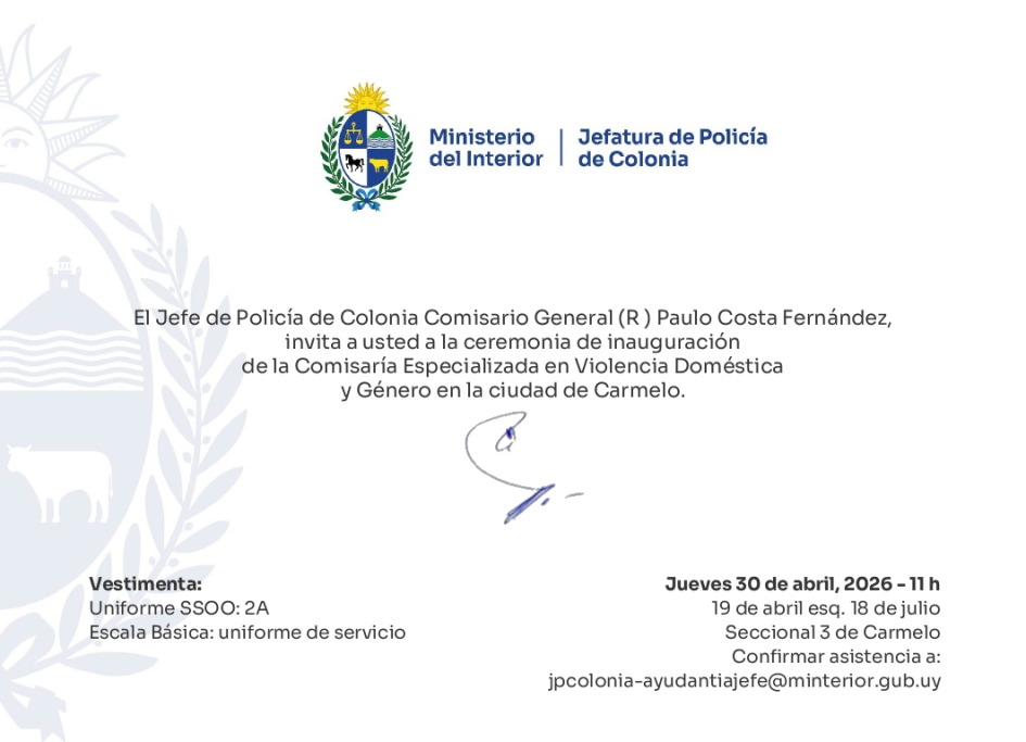 Invitación a la inauguración de la Comisaría Especializada en Violencia Doméstica y de Género