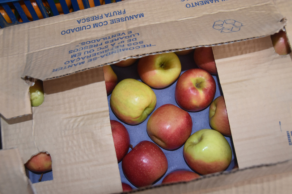 Caja con manzanas incautadas.