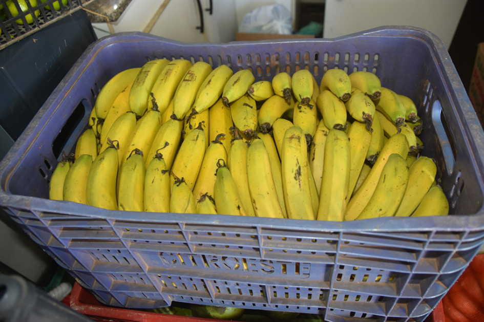 Caja plástica con bananas.