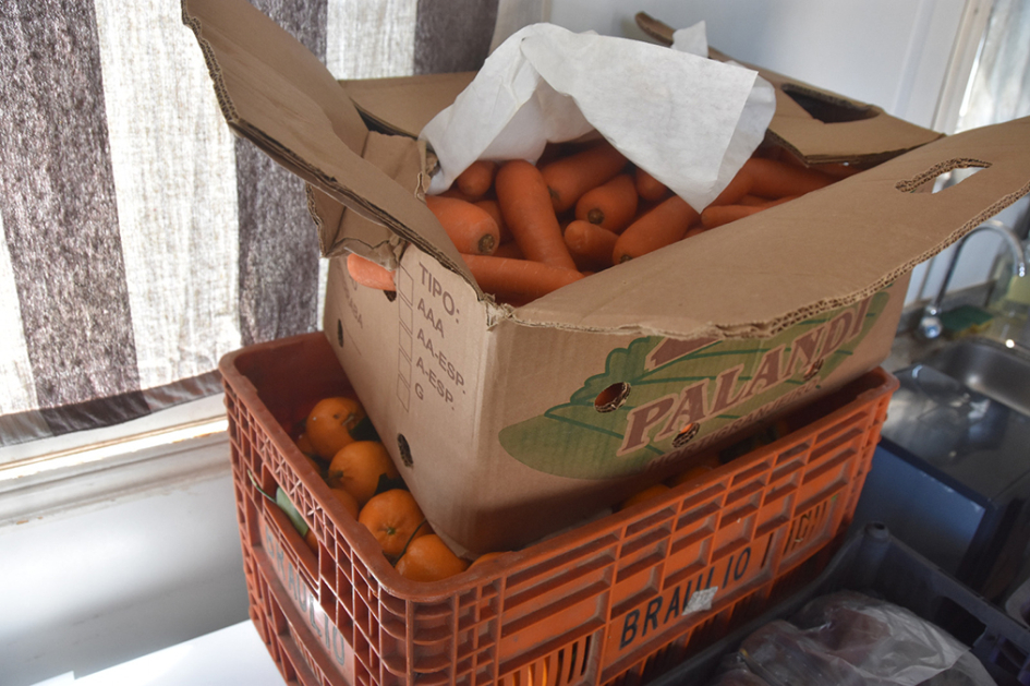 Caja plástica con tangerinas y caja de cartón con zanahorias.