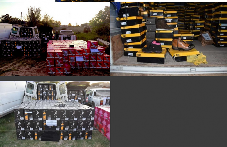 Incautación de mercaderia de contrabando y vehículos. Botellas de vodka y de whisky, zapatos y vehículos.