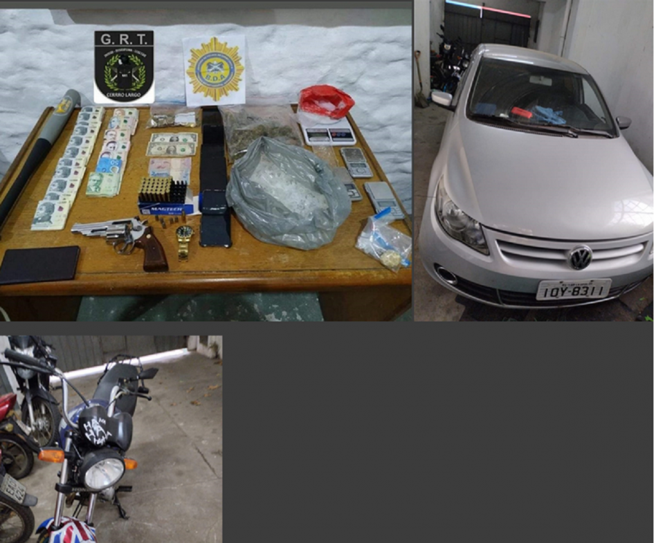 Objetos incautados tras allanamiento en distintos puntos de la ciudad de Melo. Auto gris brasilero, moto tipo gs, armas de fuego, municiones, dinero, drogas, reloj, balanzas.