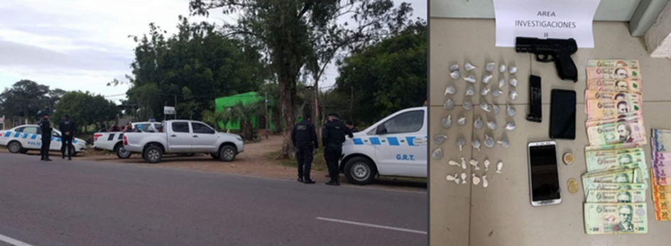 Incautación de drogas, dinero, pistola de aire comprimido, celulares y autor es enviado a prisión. Personal policial y vehículos oficiales, droga, dinero, pistola de aire comprimido , celulares.