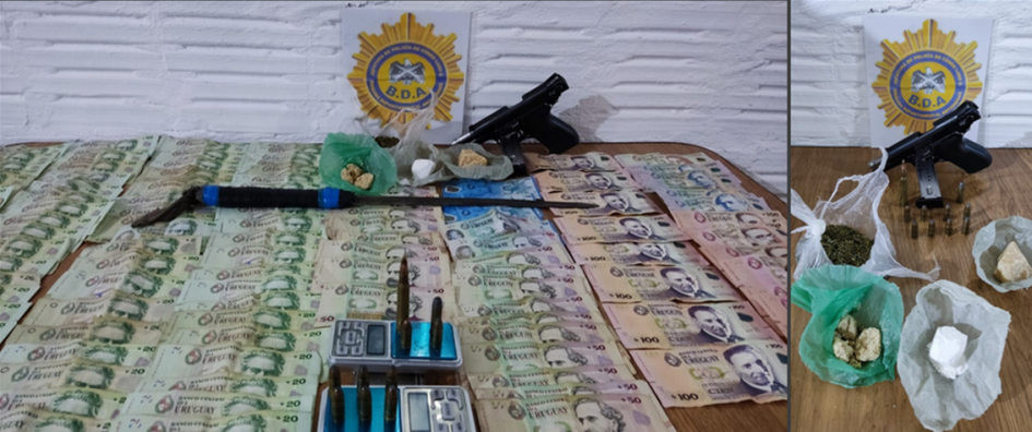 Dinero, marihuana prensada, clorhidrato de cocaína, pasta base, pistola, corte carcelario.