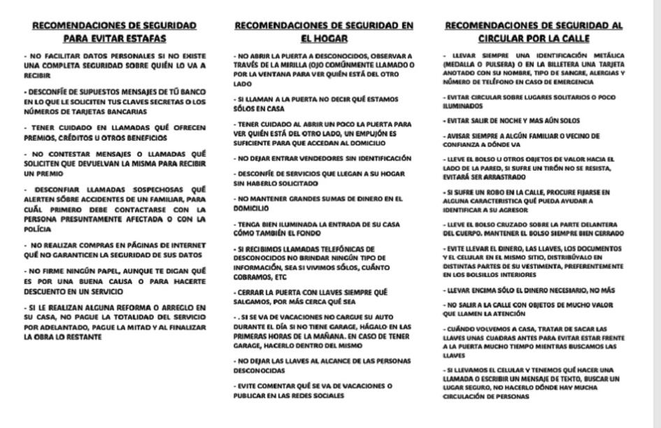 Folleto con recomendaciones entregado por PCOP de Lavalleja 
