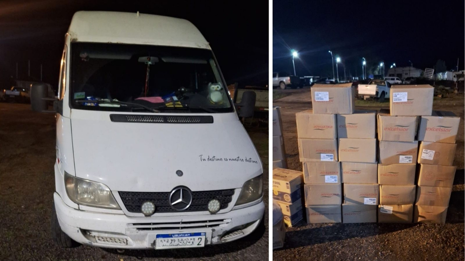 Minibus y mercadería incautada