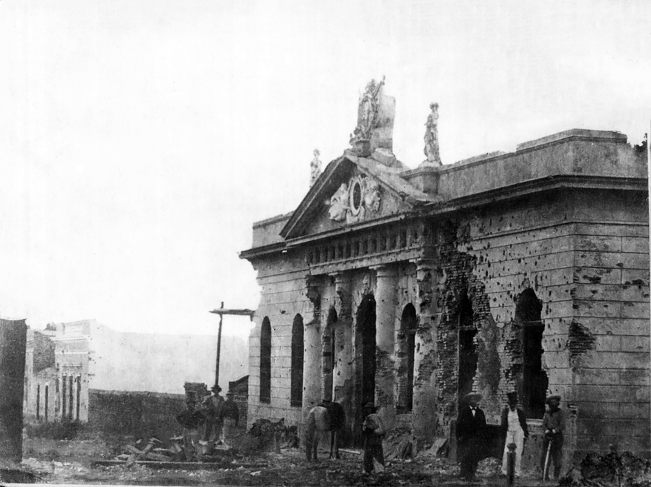 Ilustración del edificio de la Jefatura de Policía de Paysandú tras el sitio (1864-1865) jefatura 1864