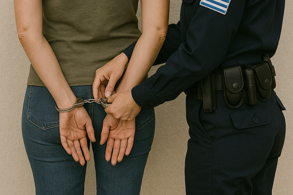 Mujer de vaquero esposada por una policía. Mujer de vaquero esposada por una policía.