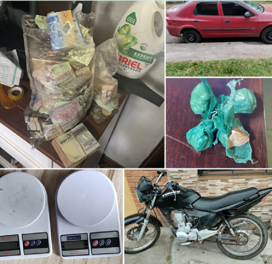 Vehículos, dinero y drogas incautados tras allanamiento en un domicilio de rubro almacén. Balanza de precisión, pasta base de cocaína, automóvil, moto, teléfonos celulares y dinero.