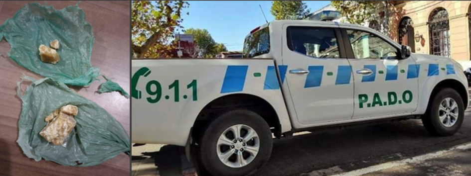 Pasta base incautada y móvil policial del personal del PADO que intervino al birrodado. Pasta base y móvil policial del PADO.