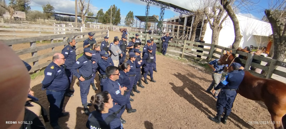 Praxis de jornadas de legislacion Se ve un grupo de policías recibiendo instrucción adenatro de un potrero rural con un equino