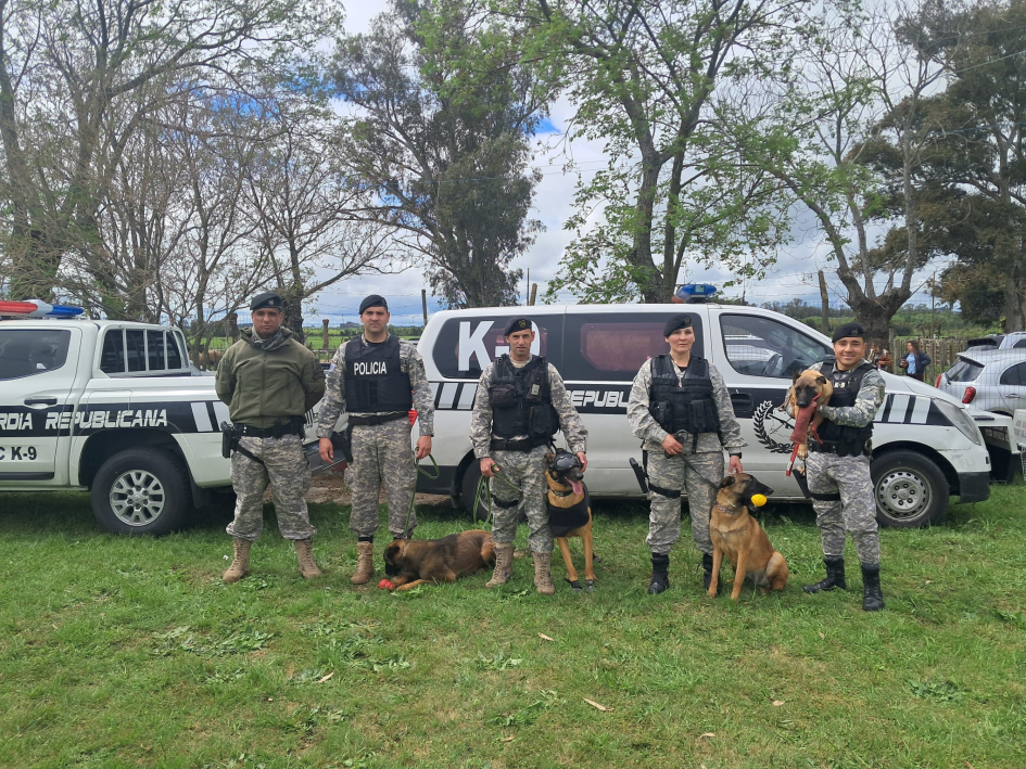 Policías de la Unidad Táctica de Canes K9 Policías de Unidad K9 de pie en linea con sus canes y de fondo móviles policiales