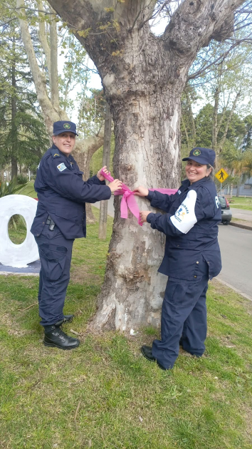 Policías colocando un lazo rosa Policías colocando un lazo rosa