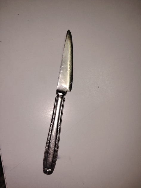 Cuchillo metálico de mesa colocado sobre una superficie blanca.