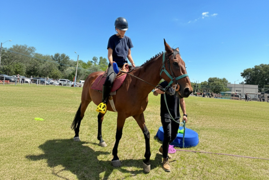 Niño montando un caballo guiado por un adulto en un campo abierto y soleado. Niño montando un caballo guiado por un adulto en un campo abierto y soleado.