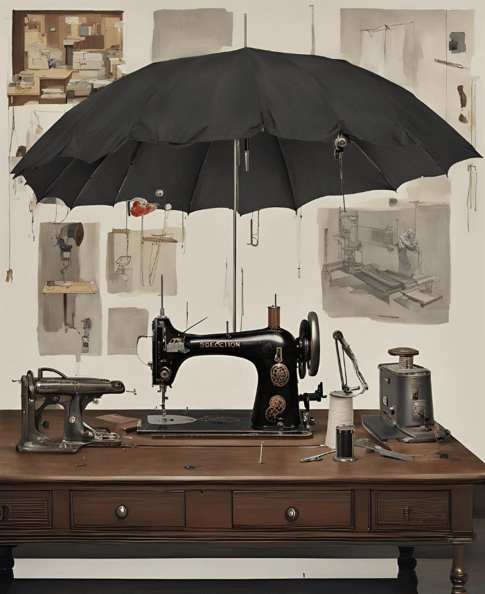 Un paragua y una maquina de coser sobre una mesa de disección