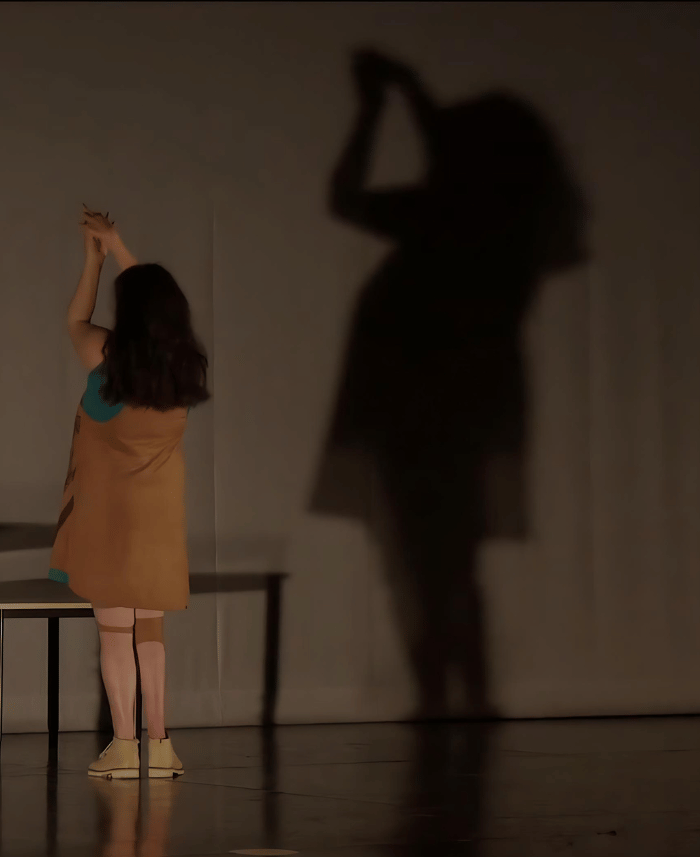 Bailarina danza con su sombra proyectada en la pared