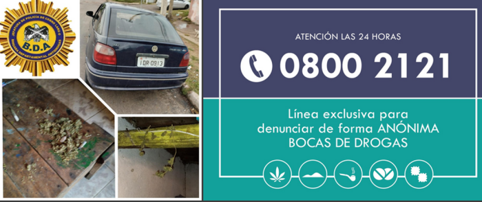Línea de comunicación para denuncia por drogas, automóvil y droga incautado tras allanamiento..