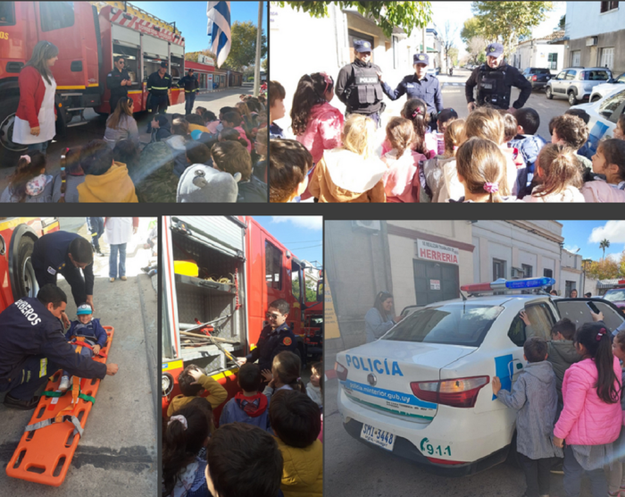 Personal Policial y de Bomberos con alumnos de Jardin público de Melo.