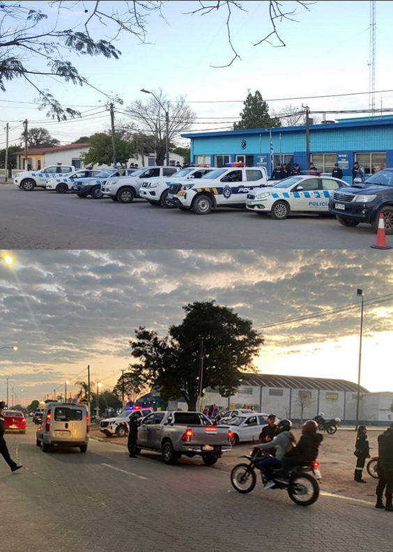 Móviles policiales abocados al Operativo Saturación y personal policial.