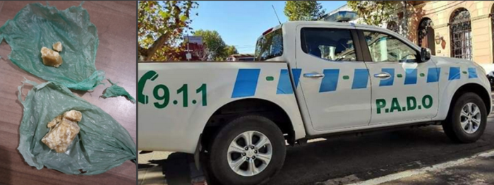 Pasta base incautada y móvil policial del personal del PADO que intervino al birrodado. Pasta base y móvil policial del PADO.