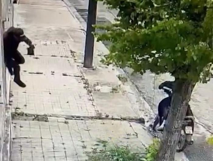 Hombre con la herramienta hurtada, saltando un muro Hombre con la herramienta hurtada, saltando un muro