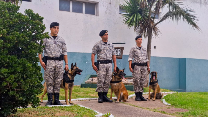 Tres policias de la Unidad K9 formados con tres canes que pasan a retiro