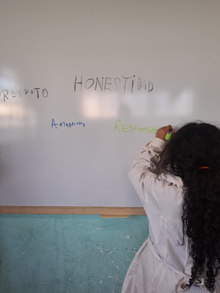 Niña escribiendo pen el pizarrón 