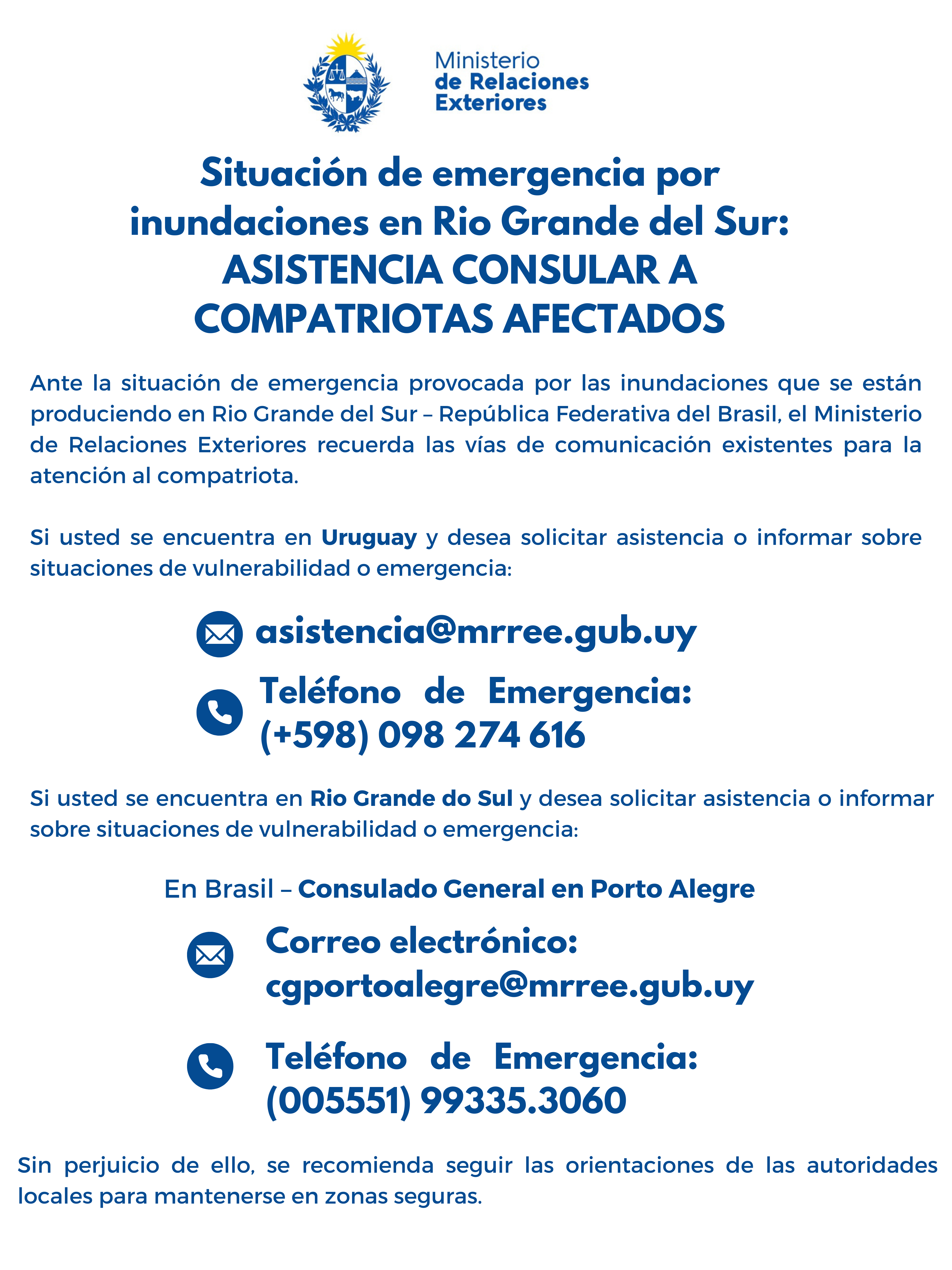 Comunicado sobre asistencia a uruguayos afectados por inundaciones en Rio Grande do Sul