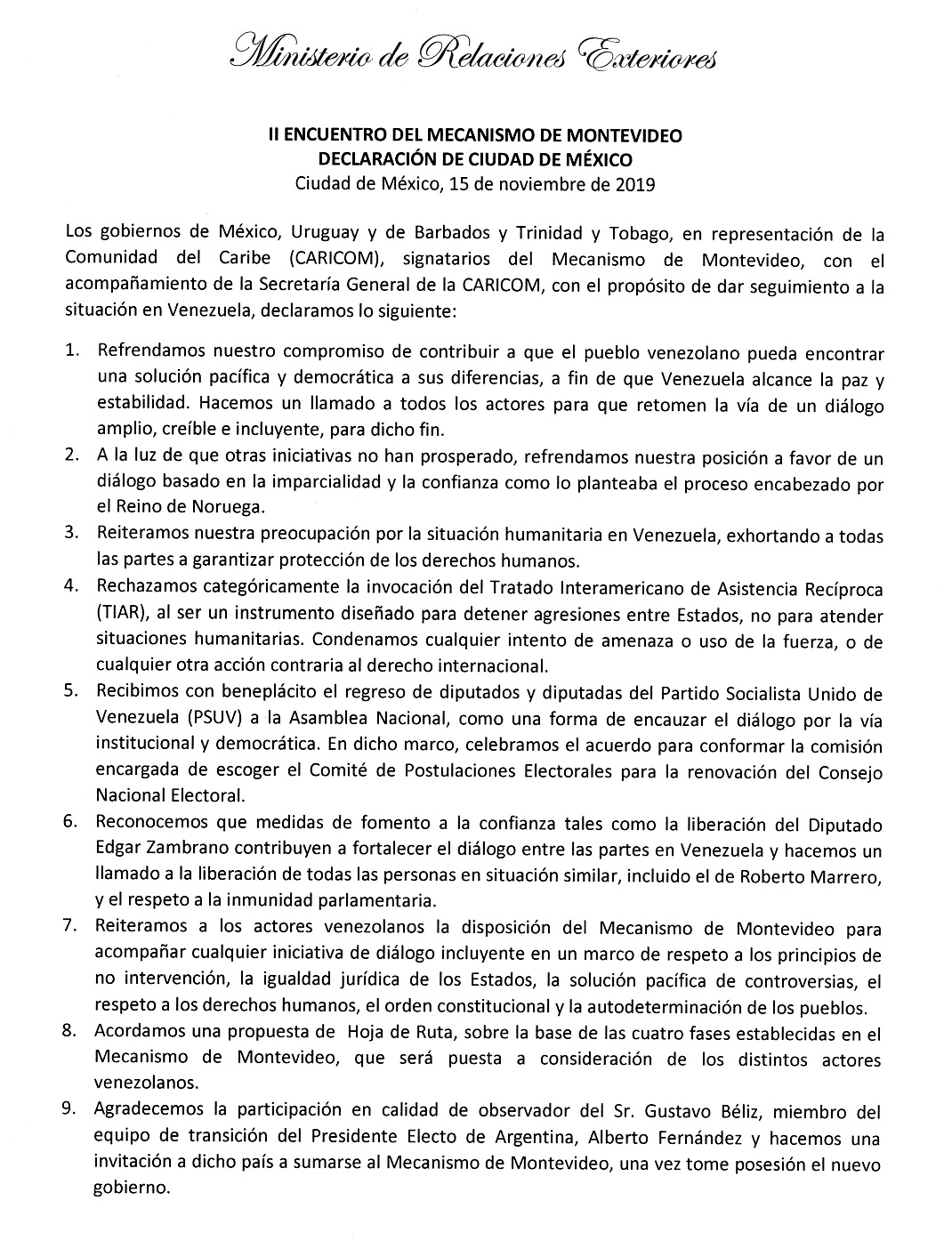 Declaración de Ciudad de México del II Encuentro del Mecanismo de Montevideo - 15.11.2019