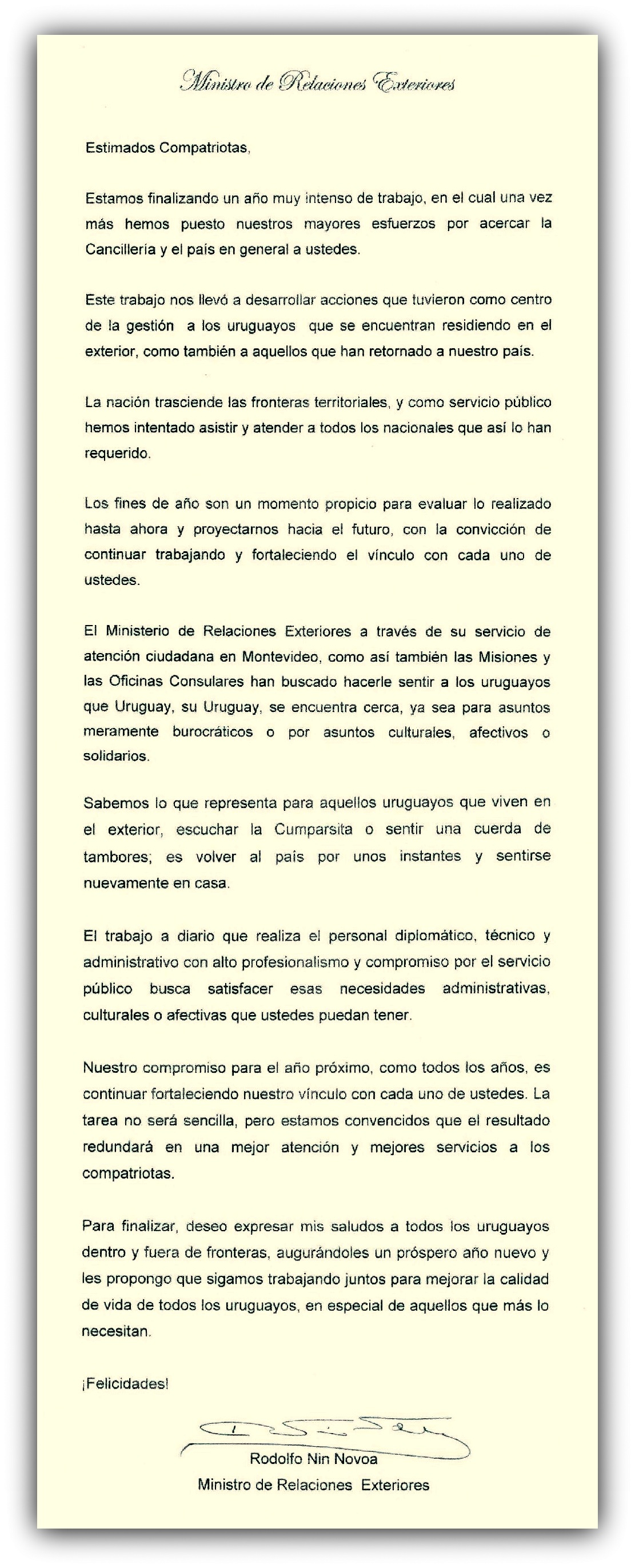 Saludo del Canciller Rodolfo Nin Novoa en fin de año 2018