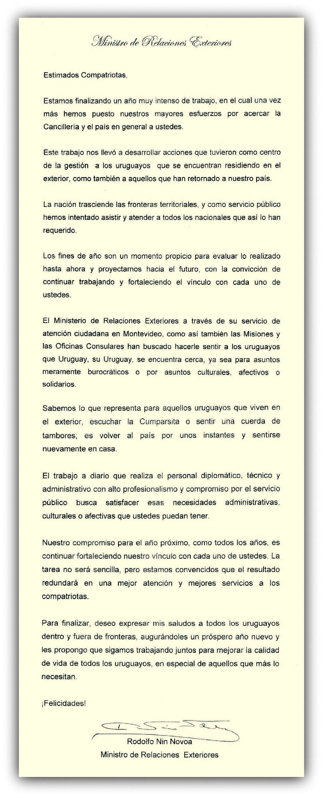 Saludo del Canciller Rodolfo Nin Novoa en fin de año 2018