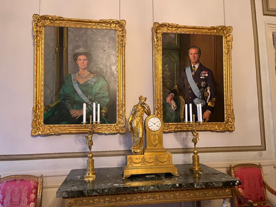 Framed portraits of Their Majesties the King and Queen of Sweden Framed portraits of Their Majesties the King and Queen of Sweden, at the Royal Palace