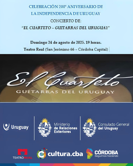 Afiche del concierto de "El Cuarteto- Guitarras del Uruguay" con auspicio institucional Volante informativo del concierto (24.08.2025, 19 hrs) con logos del cuarteto e institucionales