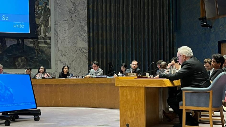 El canciller Lubetkin de perfil, hablando ante el Consejo de Seguridad de la ONU