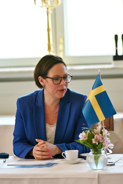 Swedish Foreign Minister, Maria Malmer Stenergard Swedish Foreign Minister, seated with the Swedish flag on the desk