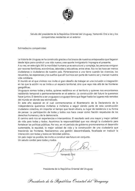 Saludo presidencial 19.06.2025 Nota de saludo del presidente uruguayo a las y los compatriotas en el exterior 19.06.2025