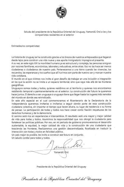 Saludo del señor Presidente de la República Oriental del Uruguay a los compatriotas en el exterior Saludo señor Presidente