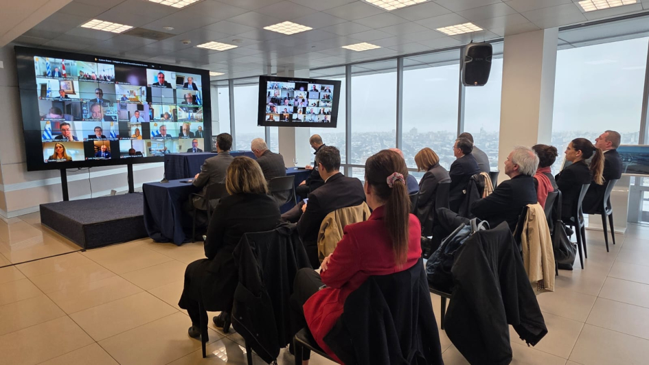 El ministro Lubetkin y su gabinete en la reunión virtual con embajadoras y embajadores