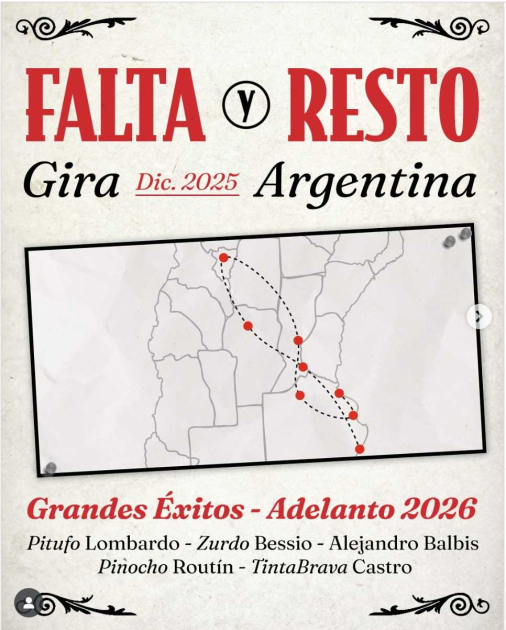 Publicidad de la gira de la murga Falta y Resto con mapa esquemático de su recorrido.
