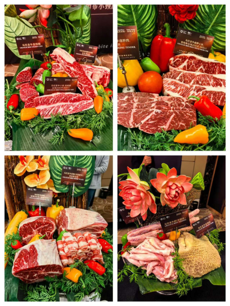 Los cortes de carne preparados durante el evento Cuatro fotos conteniendo los distintos cortes de carne bovina cocinados