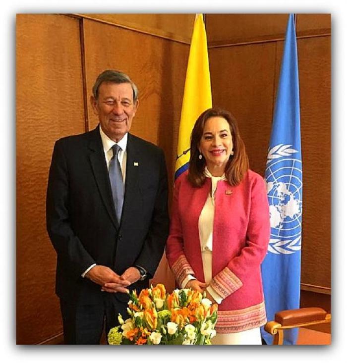 Imagen del Canciller Rodolfo Nin Novoa junto a la Presidenta de la Asamblea General de Naciones Unidas, Embajadora María Fernanda Espinosa.