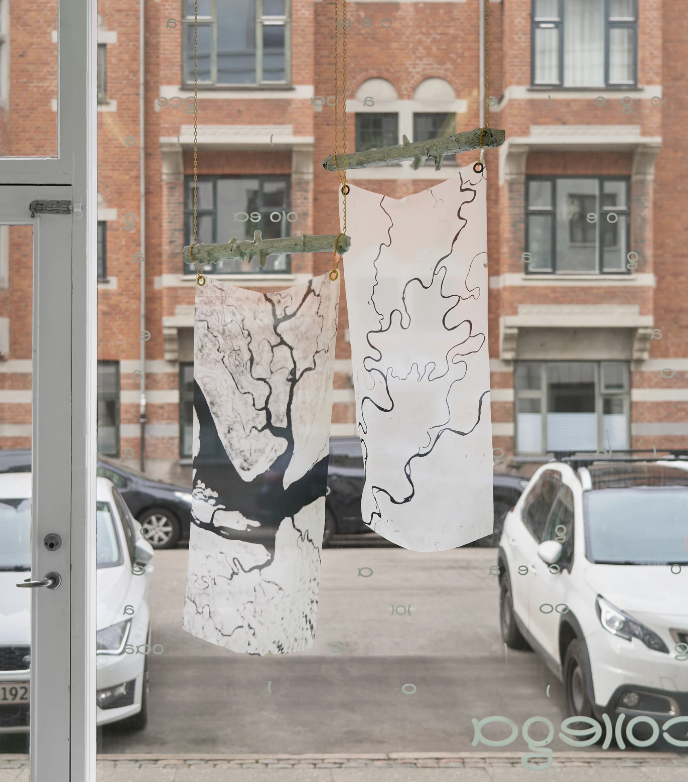 Gallery window display, with artworks on the glass
