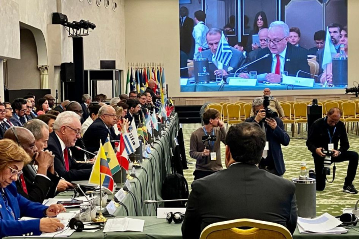 El canciller Lubetkin hablando en la XII Conferencia Ministerial Italia-América Latina y el Caribe