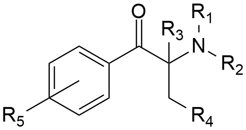 Diagrama de una molécula con anillo bencénico y cadena lateral con grupos R1–R5.